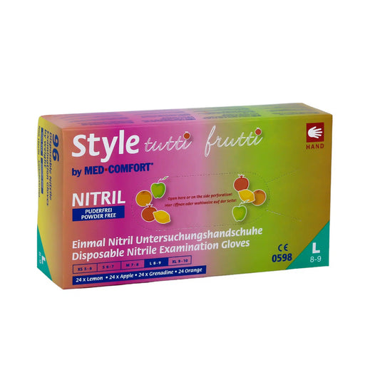 AMPri Med-Comfort Colorful Nitrile Gloves from AMPri Handelsgesellschaft mbH are colorful disposable examination gloves made of nitrile with colorful fruit motifs. The box is labeled "powder-free" and "chemical-resistant" and contains 24 gloves with the scents of lemon, apple, grenadine, and orange. Size L, 8-9.
