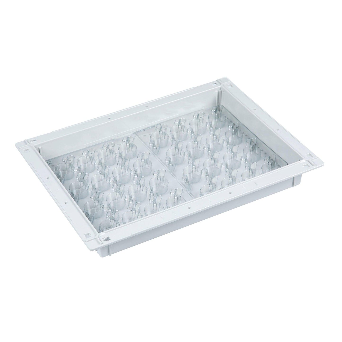 The Novocal distribution module is a robust white ABS tray (300x400x50mm) with round compartments and transparent holders, designed for 4 Bewo packs. Compatible with Bewo packaging systems. Brand: Novocal.