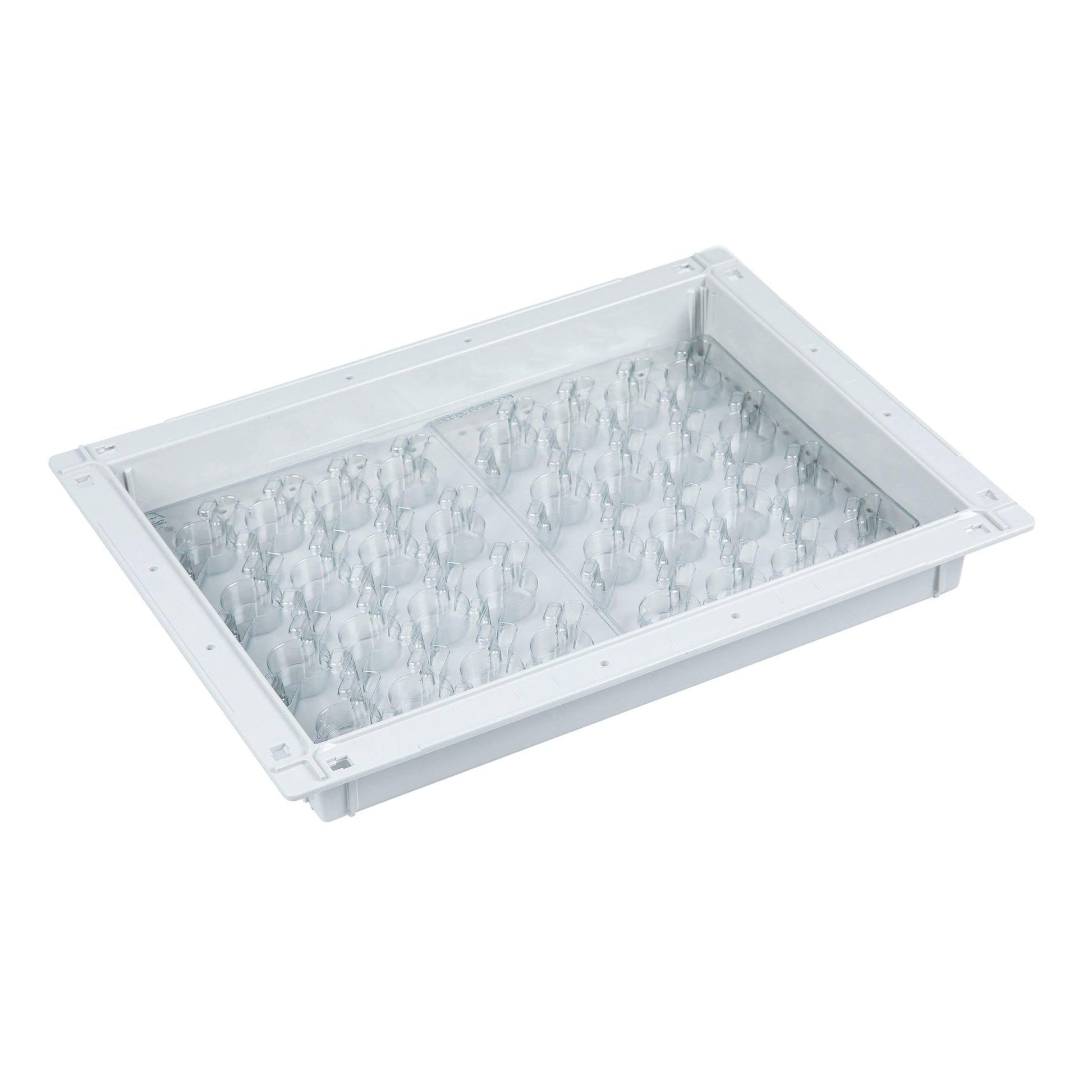 The Novocal distribution module is a robust white ABS tray (300x400x50mm) with round compartments and transparent holders, designed for 4 Bewo packs. Compatible with Bewo packaging systems. Brand: Novocal.
