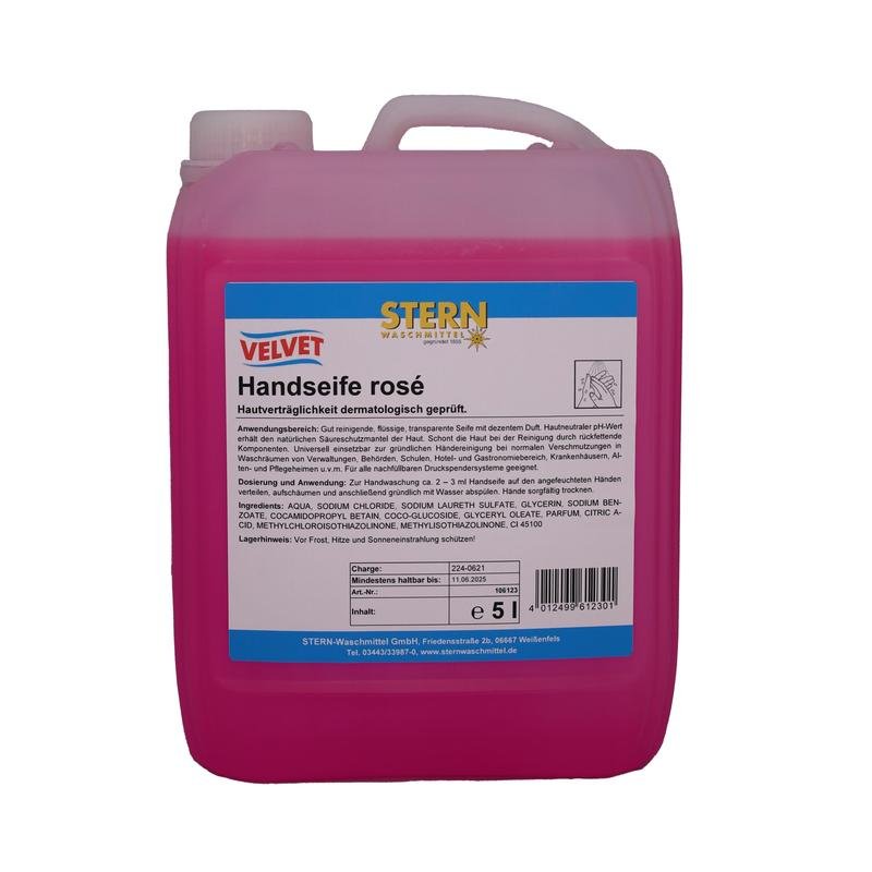 The 5-liter plastic canister Velvet Hand Soap pink of the Stern Waschmittel GmbH has a pink design, a white cap, and a blue-white label with information about the product and ingredients.