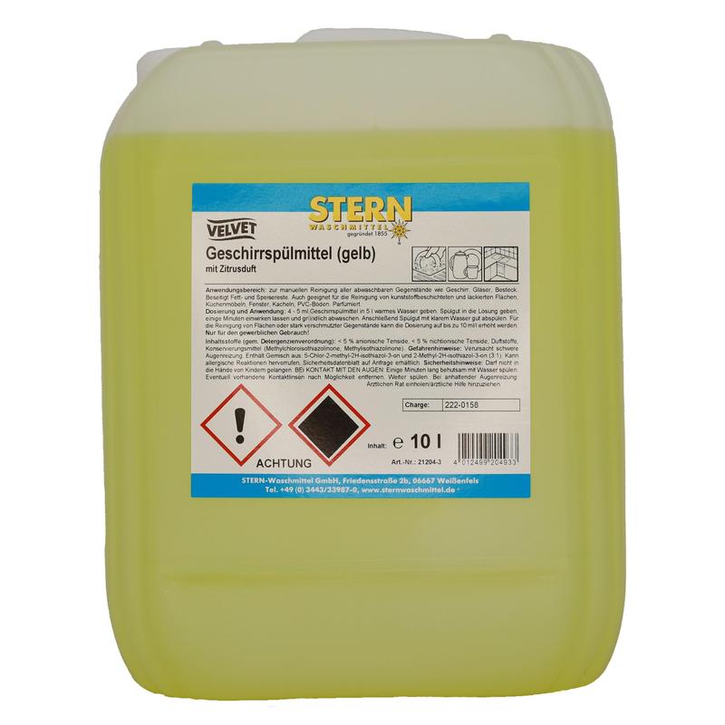 A yellow 10-liter plastic container of Stern Waschmittel GmbH Velvet dishwashing liquid yellow, biodegradable, with a label listing product information, instructions for use, safety warnings, and a hazard symbol.