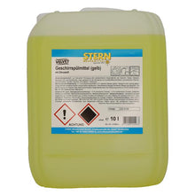 A yellow 10-liter plastic container of Stern Waschmittel GmbH Velvet dishwashing liquid yellow, biodegradable, with a label listing product information, instructions for use, safety warnings, and a hazard symbol.
