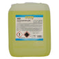 A yellow 10-liter plastic container of Stern Waschmittel GmbH Velvet dishwashing liquid yellow, biodegradable, with a label listing product information, instructions for use, safety warnings, and a hazard symbol.