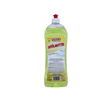 A 1-liter plastic bottle of Velvet dishwashing liquid yellow from Stern Waschmittel GmbH with a red flip-top cap and a yellow label with product information in German.