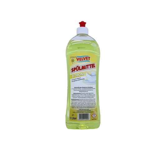A 1-liter plastic bottle of Velvet dishwashing liquid yellow from Stern Waschmittel GmbH with a red flip-top cap and a yellow label with product information in German.