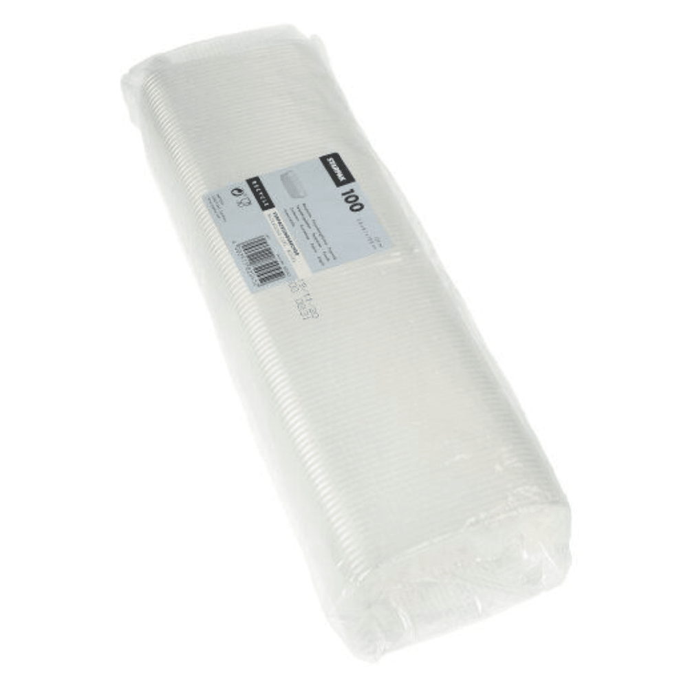 A sealed pack of 100 Starpak packaging cups PP rectangular 125 ml transparent has a label with quantity and details. The cups are neatly stacked and visible through the transparent packaging.