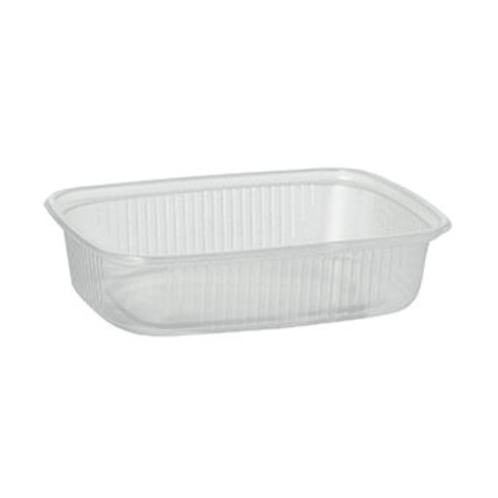 On the white background, there is a transparent, rectangular Starpak packaging cup PP (125 ml) made of plastic with ribbed sides (empty) depicted, which is often used for storing food.