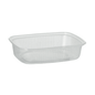 On the white background, there is a transparent, rectangular Starpak packaging cup PP (125 ml) made of plastic with ribbed sides (empty) depicted, which is often used for storing food.