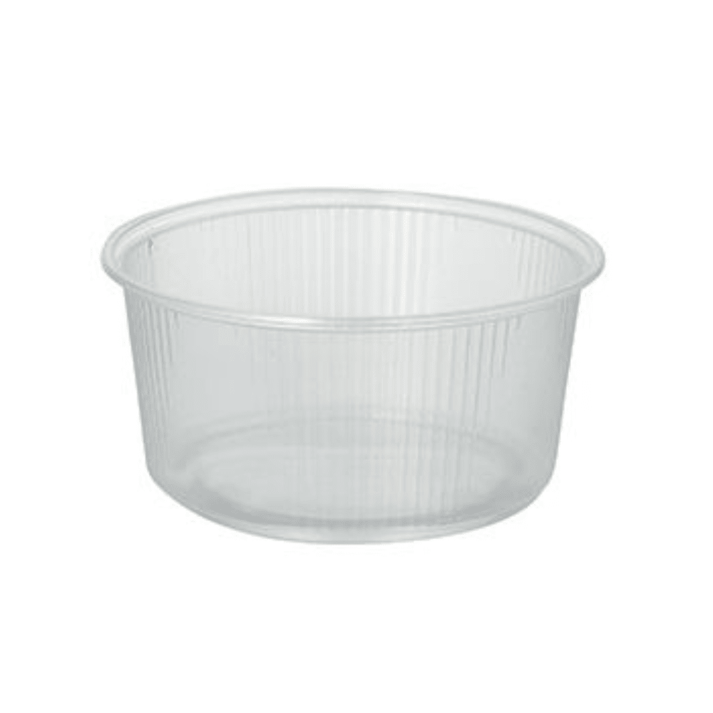 A clear, round transparent 250 ml plastic container from Starpak with vertical ribs on the sides and a wide open top, in front of a white background.