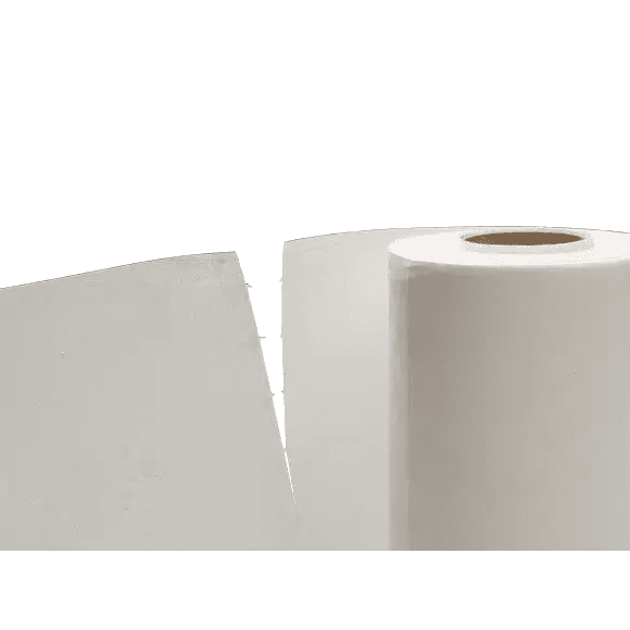 A large roll of Vileda MicroRoll microfiber cloths stands vertically next to a flat, rectangular sheet, both made with endless fiber technology. The roll has a visible cardboard core against a white, object-free background.