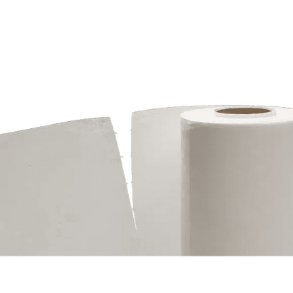 A large roll of Vileda MicroRoll microfiber cloths stands vertically next to a flat, rectangular sheet, both made with endless fiber technology. The roll has a visible cardboard core against a white, object-free background.
