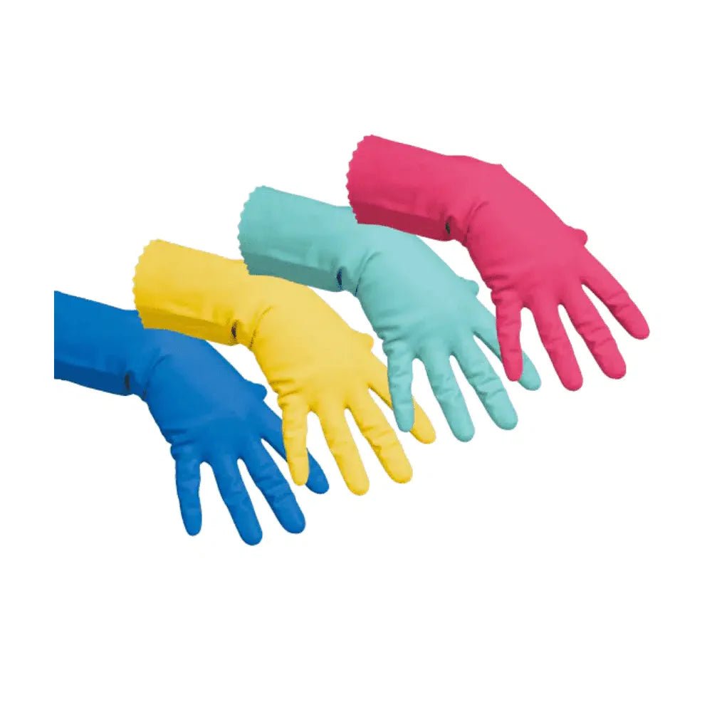 Four Vileda Professional multipurpose gloves, ideal for cleaning tasks, are lined up against a white background. The gloves, available in different colors, are arranged from left to right: blue, yellow, teal, and pink. Each glove lies with the palm facing up and slightly overlaps the one next to it.