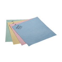 **Rewritten sentence:** 

On a white background, there are three stacked cleaning cloths in green, yellow, and pink, on which there is a blue Vileda Professional PVAmicro microfiber cloth from Vileda GmbH. On the top cloth, there is a printed label with text and symbols.