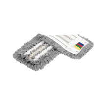 On a white background rests a gray mop head with layered fringes and a multicolored label highlighting the high cleaning performance of the CombiSpeed Trio Mop by Vileda GmbH.