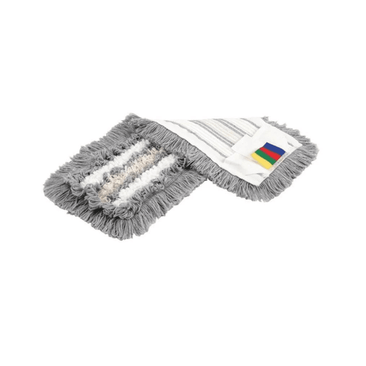 On a white background rests a gray mop head with layered fringes and a multicolored label highlighting the high cleaning performance of the CombiSpeed Trio Mop by Vileda GmbH.