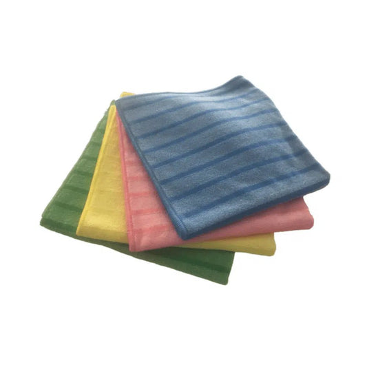 A set of four Vileda Professional MicroTuff Universal microfiber cloths in bright colors – blue with stripes, pink, yellow, and green – from Vileda GmbH are neatly arranged on a white background. Ideal for removing dirt from any surface.