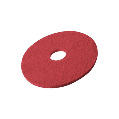 The Vileda Professional DynaCross Superpads floor discs from Vileda GmbH are red, round scouring pads with a hole in the center, perfect for cleaning or polishing surfaces.