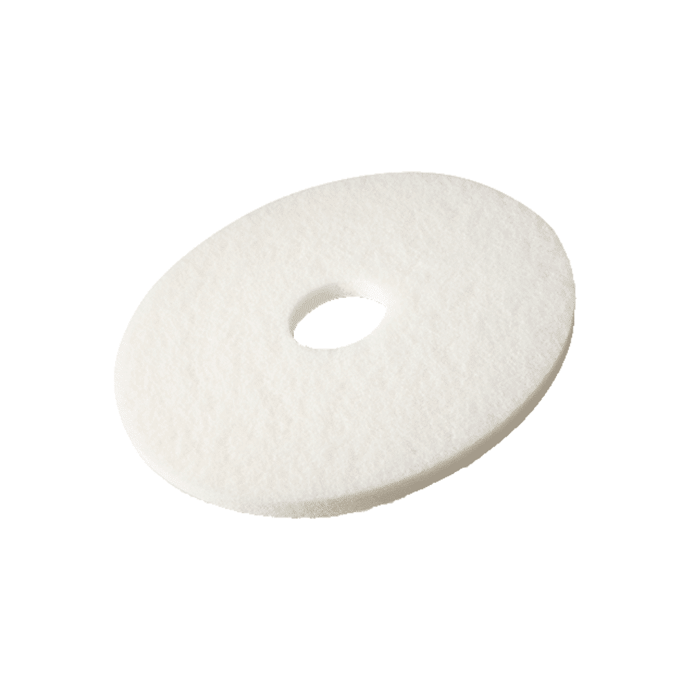 The Vileda Professional DynaCross Superpads floor disc from Vileda GmbH is a round, white floor cleaning pad with a central hole for easy attachment to a polishing machine. Its slightly textured surface ensures efficient and high-quality floor care.