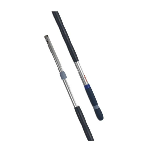 These versatile Vileda Professional telescopic pole tools from Vileda GmbH feature two extendable metal rods with black and blue handles and several segments for length adjustment. They are equipped with an ergonomic handle for user comfort.