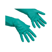 We present the Vileda Professional Universal - The Versatile Nitrile Glove from Vileda GmbH, a pair of blue-green rubber cleaning gloves that are ideal for people with latex allergies. These gloves have textured palms and fingers for better grip and are known for their chemical resistance. The image shows one glove with the palm facing up and the other facing down against a simple white background.