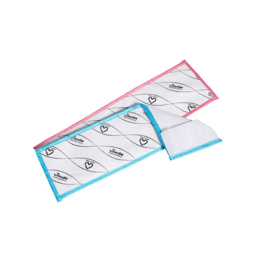 Two rectangular mop pads with printed designs have a pink border on one and a blue border on the other, both displaying patterns and the brand name of Vileda GmbH. This offers a stylish solution for sustainable cleaning by using the Vileda Professional MicroOne CombiSpeed Pro Mop.