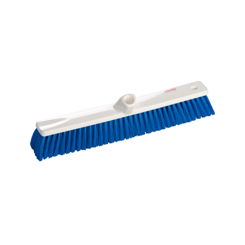 A Vileda Professional broom from Vileda GmbH with a 30 cm wide broom head with light blue bristles made of polyester PBT fibers and a white plastic back. It features a central opening for easy attachment of the handle, ensuring efficiency and cleanliness. This single package product is designed for effective sweeping.