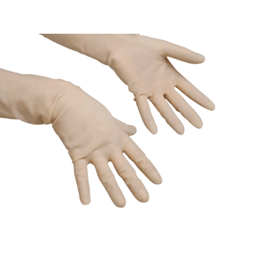 Against a white background, two hands are seen wearing the smooth, beige gloves Vileda Professional Lightweight - The Sensitive by Vileda GmbH. The fingers are slightly spread, and the tight fit is perfect for precision work in healthcare or demanding cleaning tasks.