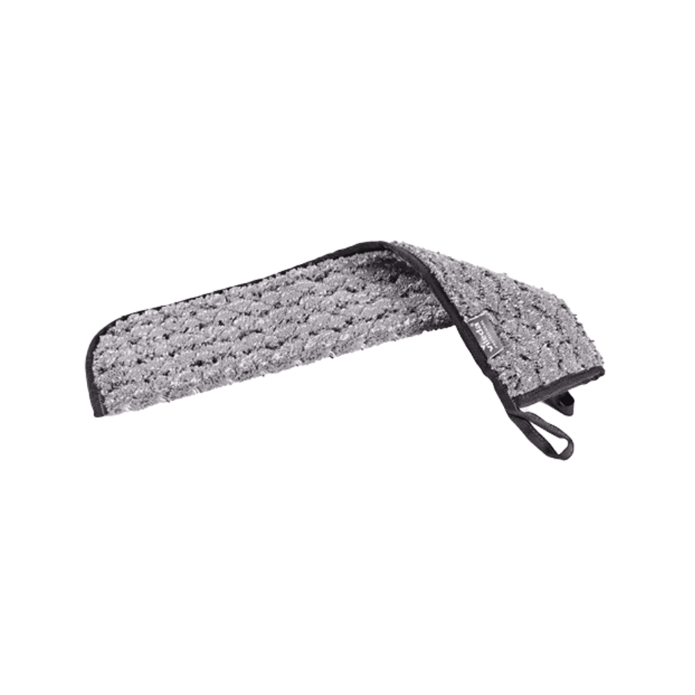 A Vileda MultiDuster Maxi r-Micro Plus Pro dust mop from Vileda GmbH, with a gray microfiber pad with a black border, a textured surface, and two small black loops at one end, designed for hygienic cleaning and excellent dirt absorption capacity.