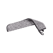 A Vileda MultiDuster Maxi r-Micro Plus Pro dust mop from Vileda GmbH, with a gray microfiber pad with a black border, a textured surface, and two small black loops at one end, designed for hygienic cleaning and excellent dirt absorption capacity.