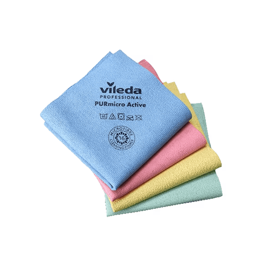 Four folded cleaning cloths in bright colors: blue, pink, yellow, and green. The blue Vileda PURmicro Active Allrounder cloth is marked with the logo of “Vileda GmbH” and the care symbols, ensuring a streak-free clean every time.