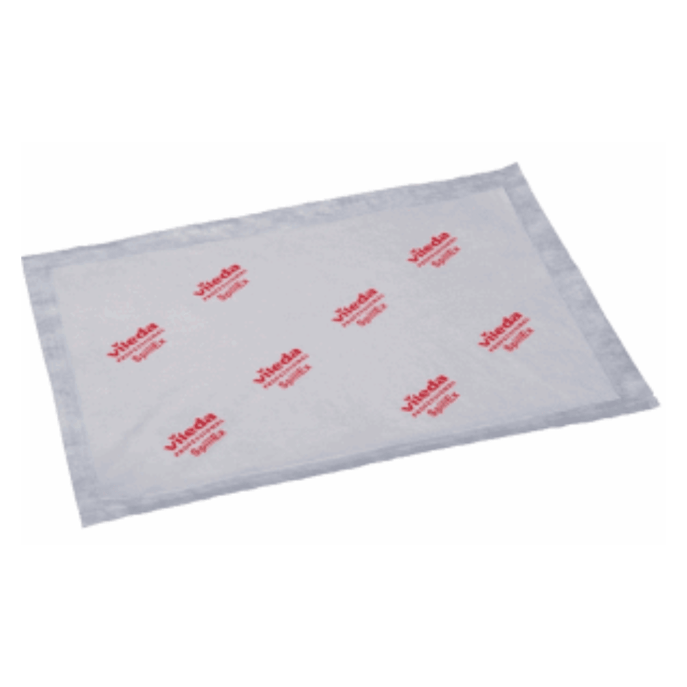 A rectangular cleaning cloth from Vileda GmbH with a white surface, red logos, and the text "Vileda Professional" and "Microclean" printed multiple times. The gray-bordered edges improve durability and hygiene, as the cloth is subjected to gamma irradiation to ensure optimal hygiene. This special product is known as the Vileda Professional Floor Cloth Spillex CE Gamma Irradiated 51x37cm.