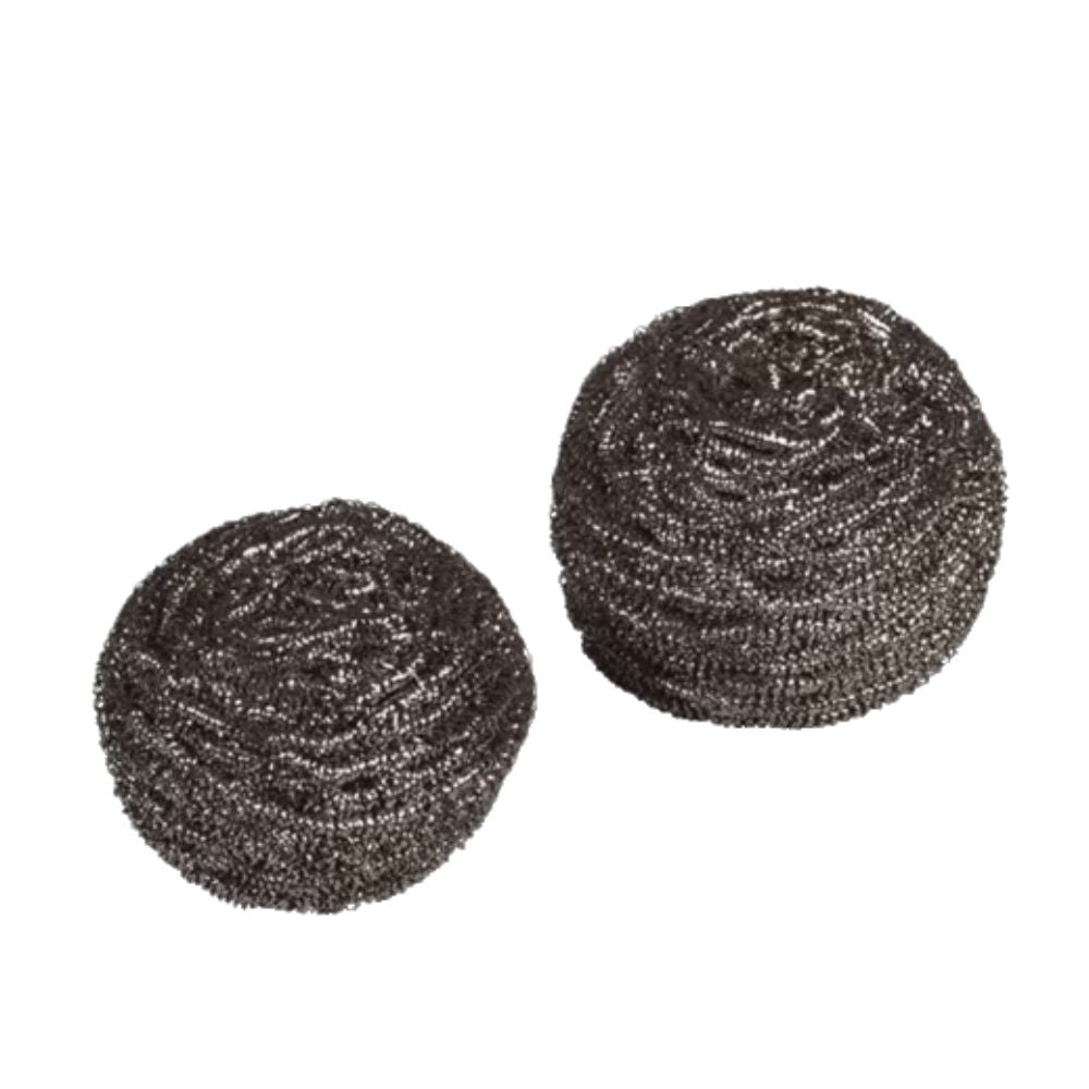 A pair of round stainless steel scouring spirals with a twisted wire structure, arranged side by side on a white background. These Vileda Professional Inox scouring spirals by Vileda GmbH are designed for tough cleaning tasks and offer durability and efficiency.