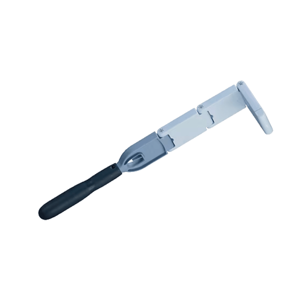 Displayed is a Vileda Professional MultiDuster Maxi dust mop holder with a metal wall mount and a black rubber handle. This product from Vileda GmbH features an adjustable hinge mechanism and multiple screw holes for easy mounting. This makes it perfect for attaching or positioning objects on walls while ensuring hygienic cleaning.