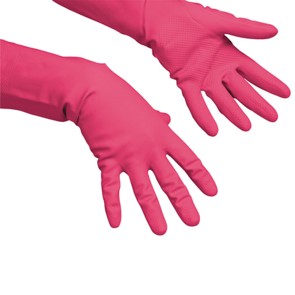 Two Vileda Professional Multipurpose gloves—the fine all-purpose gloves in red from Vileda GmbH—are pictured against a white background. These gloves, which are perfect for cleaning tasks, are shown with their palms facing up and their fingers slightly spread.