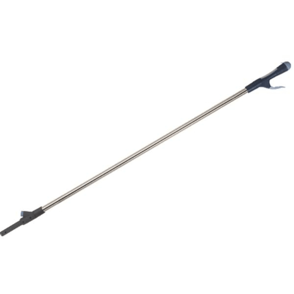 The Vileda Professional SprayPro stainless steel mop holder from Vileda GmbH is an elegant metal tool with a blue handle and black grip, ideal for efficiently picking up items from a distance. Inspired by the Professional line, it ensures precision in your cleaning routine (handle incl. 500 ml measuring cup).