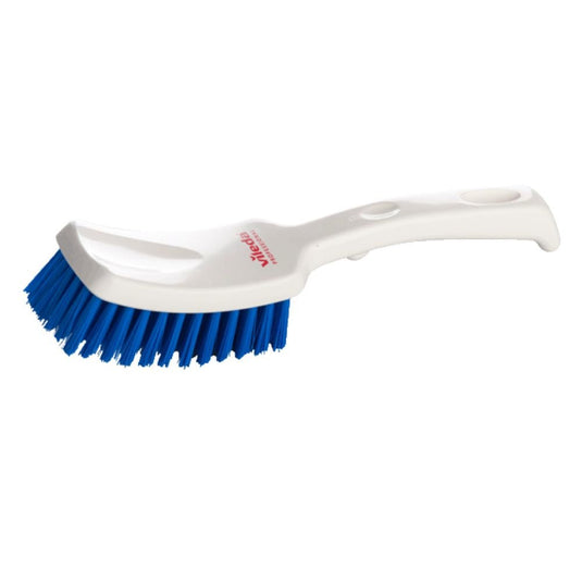The Vileda Professional short-handled brush blue by Vileda GmbH features high-quality bristles and a practical hole at the end of the handle for easy hanging.