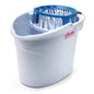 We present the Vileda Professional Supermop Bucket 10 l with wringer, a white plastic bucket with the inscription "Vileda GmbH" on the side. It is perfect for hygienic mopping and cleaning of small areas. This bucket features a blue wringer on the top and a metal handle for convenient transport, making it fully compatible with the Vileda Professional Supermop.