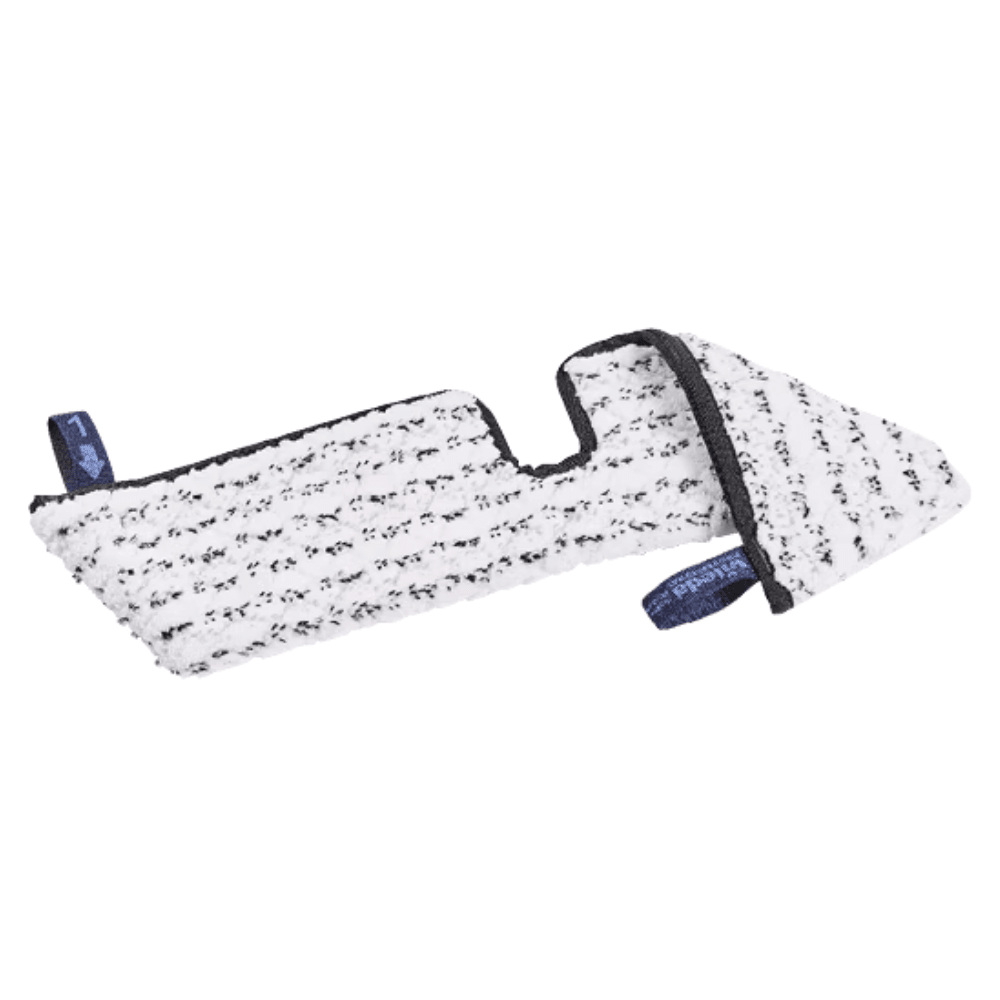 The Vileda Professional Swep Duo HygienePlus Mop from Vileda GmbH is a white-black structured cleaning pad in a rectangular shape with a notch and two blue tear-off tabs, ensuring optimal performance and effective cleaning results with every use.