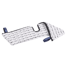 The Vileda Professional Swep Duo HygienePlus Mop from Vileda GmbH is a white-black structured cleaning pad in a rectangular shape with a notch and two blue tear-off tabs, ensuring optimal performance and effective cleaning results with every use.