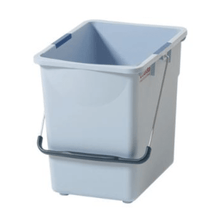 A rectangular, light blue plastic bucket made of durable plastic with a metal bracket with a blue handle. The Vileda Professional Bucket from Vileda GmbH has a slightly slanted opening and is ideal for general cleaning purposes.