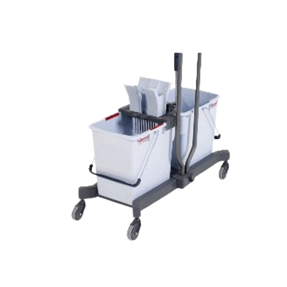 The Vileda GmbH Professional UltraSpeed Pro double bucket set with high-performance press includes a mop bucket with two compartments and is mounted on a chassis with two upright handles. This set consists of a white bucket and a gray frame with rectangular compartmentalization, a mop press, and four swivel casters for easy maneuverability.