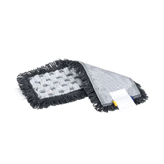 The Vileda Professional UltraSpeed Pro r-MicroSpeed Max Mop from Vileda GmbH features a black-gray 4D cleaning structure with textured surfaces and fringe edges that allow for double-sided use. Its high-quality microfiber velour construction ensures durability and is designed for easy attachment to a mop handle.