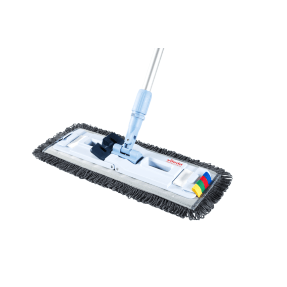 The Vileda Professional UltraSpeed Pro r-MicroSpeed Max Mop by Vileda GmbH features a rectangular mop head with gray fringes and high-quality microfiber velour construction, attached to a long metal handle. It has colorful tabs for easy organization, and the blue joint on the handle allows for angle adjustment.