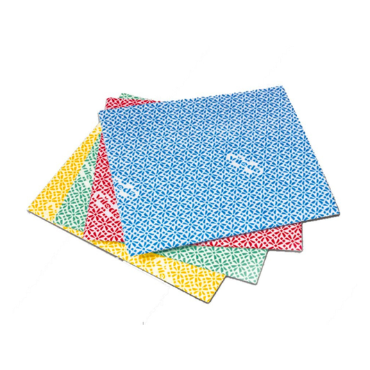 In a fan-like arrangement, four Vileda Professional WischProfi "WiPro" Antibacterial Cloths are presented with a geometric pattern in blue, red, green, and yellow. These cloths, known for their high absorbency, from Vileda GmbH are arranged on a white background.