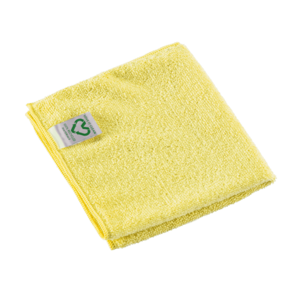 A yellow Vileda Professional r-MicroTuff Swift microfiber cloth, made from recycled materials and featuring a small label with a green logo and text, is delivered folded.
