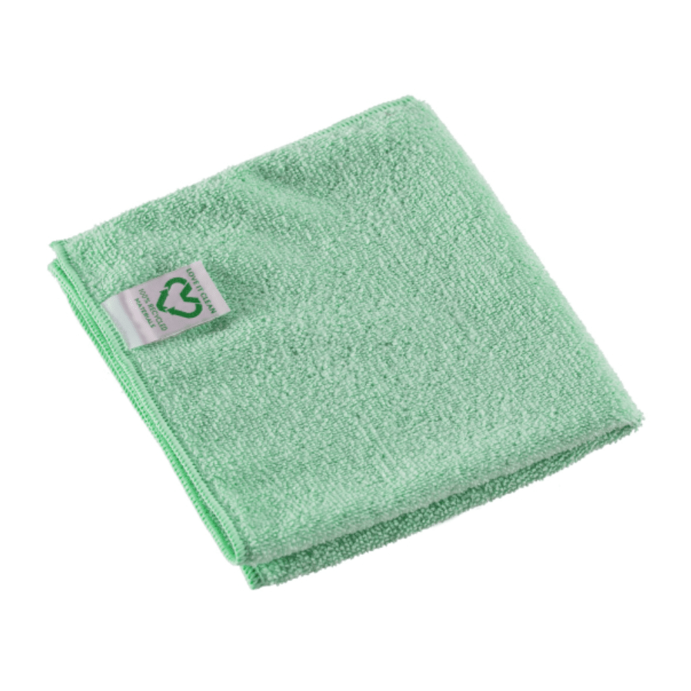 A folded, light-green Vileda Professional r-MicroTuff Swift microfiber cloth from Vileda GmbH has a small label with a recycling symbol on the edge. The textured cloth lies flat against a white background, highlighting its eco-friendly nature.