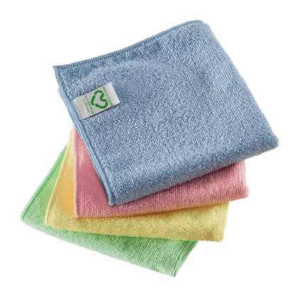 A set of Vileda Professional r-MicroTuff Swift microfiber cloths in various colors, including blue, pink, and green, is neatly stacked, with a label visible on the blue cloth. These recycled microfiber cloths from Vileda GmbH meet sustainability standards while delivering efficient cleaning performance.