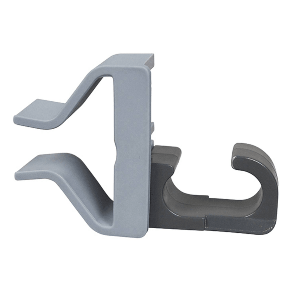 The Vileda handle holder set (16-pack, with 1 clip connector made of gray plastic per package) from Vileda GmbH features opposing and curved hooks for attaching cleaning tools or accessories.