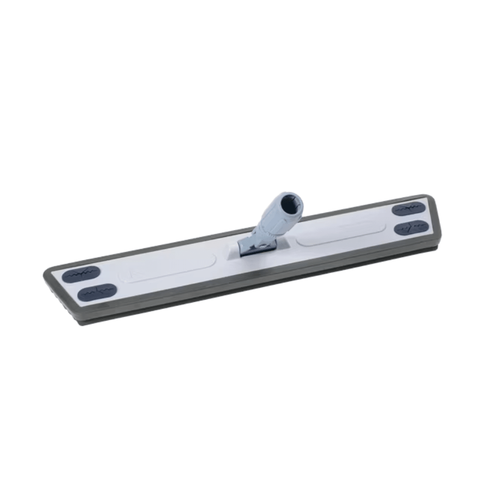 A close-up of a flat, rectangular trapezoid mop head by Vileda GmbH in a color scheme of white and gray. This 60 cm large dust mop features a central attachment point for a handle and rubber grips at the edges, ensuring quick and efficient cleaning.