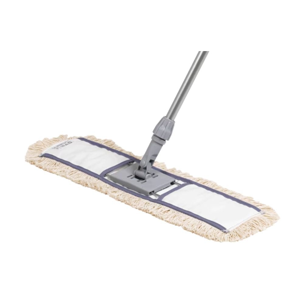 The Vileda Professional Dust Mop Classic by Vileda GmbH is a 60 cm long wet cleaning mop with a long handle and a flat, rectangular head. It features a white pad with beige fringes and is connected via a gray hinge. Ideal for effective dusting, it is presented against a white background.